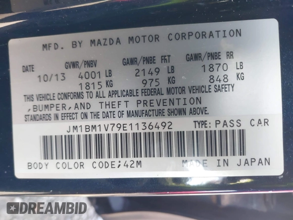 2014 Mazda 3 i Touring with VIN JM1BM1V79E1136492, listed as a IAAI auction lot 41597192 with 116,283 mi miles and . Bid and sale history available at DreamBid. Image 9.