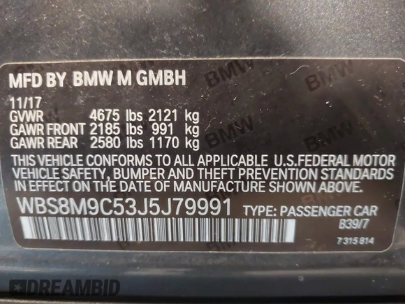 2018 BMW M3 with VIN WBS8M9C53J5J79991, listed as a IAAI auction lot 41881835 with 59,668 mi miles and . Bid and sale history available at DreamBid. Image 9.