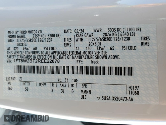 2024 Ford F-250 XL with VIN 1FT8W2BT2REE22078, listed as a Copart auction lot 56710005 with 5,306 mi miles and Salvage title. Bid and sale history available at DreamBid. Image 14.