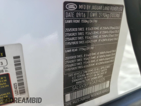 2016 Land Rover Range Rover with VIN SALGV3EF9GA314225, listed as a Copart auction lot 43472525 with 130,334 mi miles and Salvage Title. Bid and sale history available at DreamBid. Image 14.