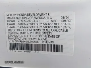 2025 Honda Odyssey EX-L with VIN 5FNRL6H61SB005819, listed as a IAAI auction lot 41731323 with Not Provided miles and . Bid and sale history available at DreamBid. Image 9.