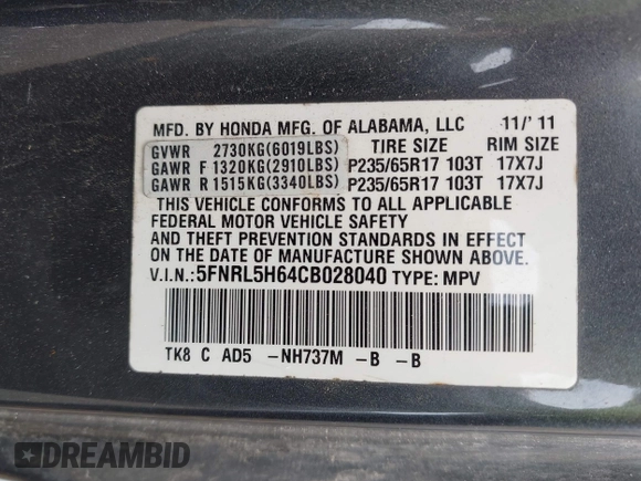2012 Honda Odyssey EX-L with VIN 5FNRL5H64CB028040, listed as a IAAI auction lot 42126048 with 160,675 mi miles and . Bid and sale history available at DreamBid. Image 9.