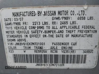 2007 Infiniti G35 Journey with VIN JNKBV61EX7M721001, listed as a IAAI auction lot 41819327 with Not Provided miles and . Bid and sale history available at DreamBid. Image 9.