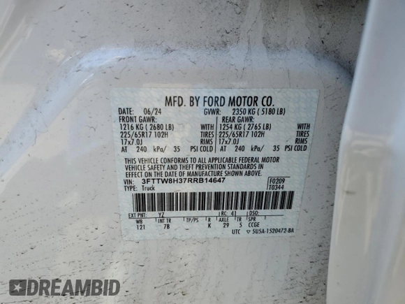 2024 Ford Maverick XLT z VIN 3FTTW8H37RRB14647, wystawiony jako Copart lot #52364945 z przebiegiem 17 970 mil mil oraz Szkoda całkowita • Salvage title. Historia ofert i sprzedaży dostępna na DreamBid. Obrazek 14.