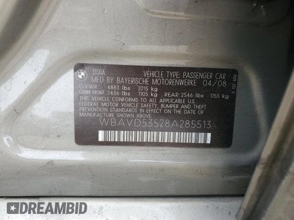 2008 BMW 3 Series 335xi z VIN WBAVD53528A285513, wystawiony jako Copart lot #57087105 z przebiegiem 104 433 mil mil oraz Szkoda całkowita • Salvage title. Historia ofert i sprzedaży dostępna na DreamBid. Obrazek 12.