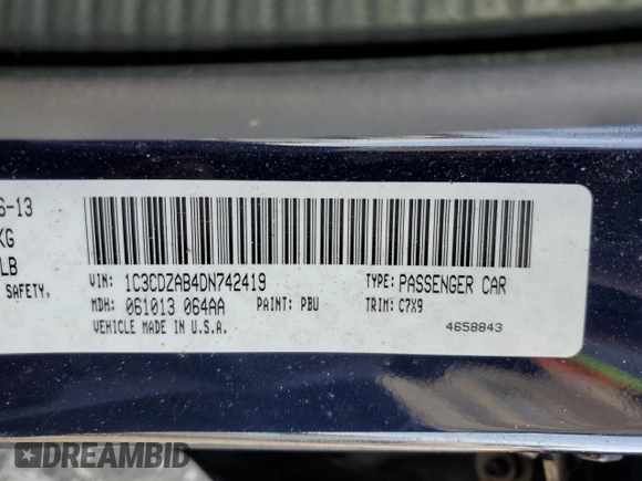 2013 Dodge Avenger SE with VIN 1C3CDZAB4DN742419, listed as a Copart auction lot 53137105 with 57,948 mi miles and Clean Title. Bid and sale history available at DreamBid. Image 12.