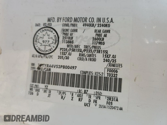 2003 Ford Ranger XL Fleet with VIN 1FTYR44V53PB00497, listed as a Copart auction lot 76612334 with Not provided miles and Non repairable. Bid and sale history available at DreamBid. Image 13.