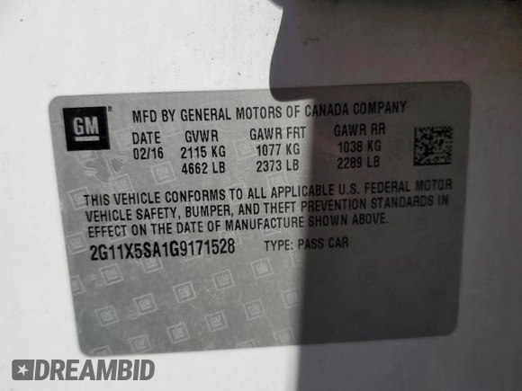 2016 Chevrolet Impala LS with VIN 2G11X5SA1G9171528, listed as a Copart auction lot 53821055 with 175,294 mi miles and Salvage title. Bid and sale history available at DreamBid. Image 12.