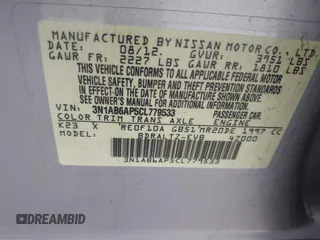 2012 Nissan Sentra 2.0 with VIN 3N1AB6AP5CL779533, listed as a IAAI auction lot 42603958 with 91,419 mi miles and . Bid and sale history available at DreamBid. Image 9.