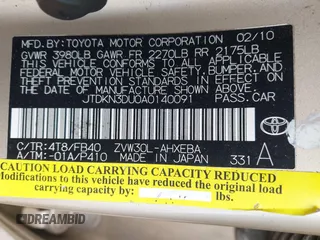 2010 Toyota Prius II with VIN JTDKN3DU0A0140091, listed as a IAAI auction lot 41712626 with 1 mi miles. Bid and sale history available at carsss.com. Image 9.