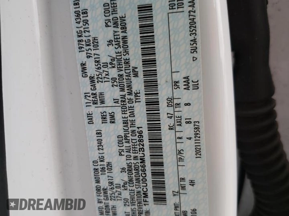 2021 Ford Escape SE z VIN 1FMCU0G66MUB28961, wystawiony jako Copart lot #47256575 z przebiegiem 51 864 mil mil oraz Szkoda całkowita • Salvage title. Historia ofert i sprzedaży dostępna na DreamBid. Obrazek 13.