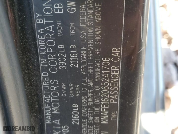 2006 Kia Spectra with VIN KNAFE162065241706, listed as a Copart auction lot 68949914 with 153,169 mi miles and Salvage Title. Bid and sale history available at carsss.com. Image 12.