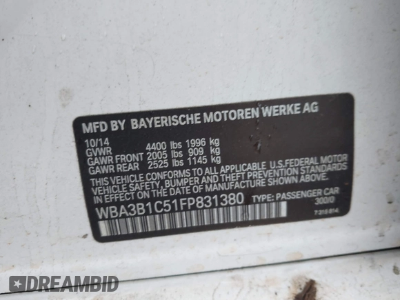 2015 BMW 3 Series 320i with VIN WBA3B1C51FP831380, listed as a IAAI auction lot 41044053 with 187,660 mi miles. Bid and sale history available at carsss.com. Image 9.