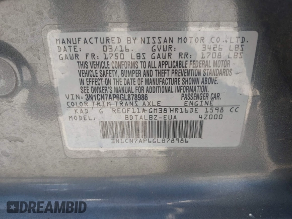 2016 Nissan Versa S z VIN 3N1CN7AP6GL878986, wystawiony jako IAAI lot #42317275 z przebiegiem 124 426 mil mil oraz . Historia ofert i sprzedaży dostępna na DreamBid. Obrazek 9.
