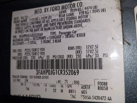 2012 Ford Fusion SEL z VIN 3FAHP0JG1CR352069, wystawiony jako IAAI lot #42182795 z przebiegiem 131 554 mil mil oraz . Historia ofert i sprzedaży dostępna na DreamBid. Obrazek 9.