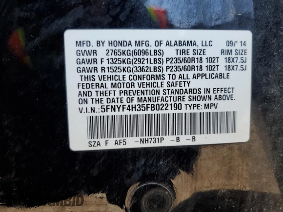 2015 Honda Pilot SE with VIN 5FNYF4H35FB022190, listed as a Copart auction lot 50025885 with 91,215 mi miles and Non Repairable. Bid and sale history available at DreamBid. Image 14.