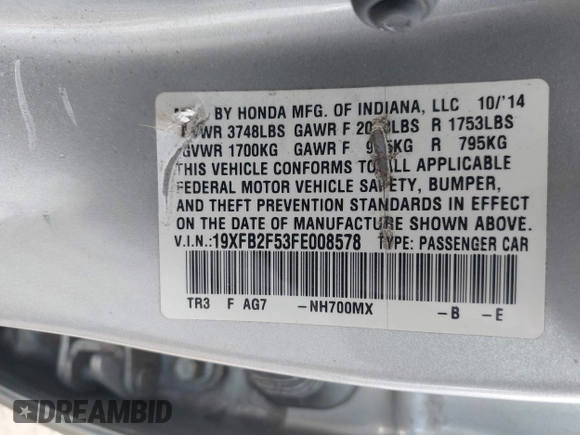2015 Honda Civic Sedan LX with VIN 19XFB2F53FE008578, listed as a IAAI auction lot 41918815 with 93,860 mi miles. Bid and sale history available at carsss.com. Image 9.