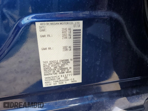 2018 Nissan LEAF SL with VIN 1N4AZ1CP5JC315777, listed as a Copart auction lot 89025735 with 26,836 mi miles and Salvage Title. Bid and sale history available at DreamBid. Image 12.