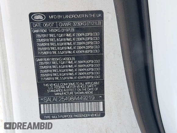 2008 Land Rover LR3 SE with VIN SALAE25498A449219, listed as a IAAI auction lot 42109126 with 105,326 mi miles and . Bid and sale history available at DreamBid. Image 9.