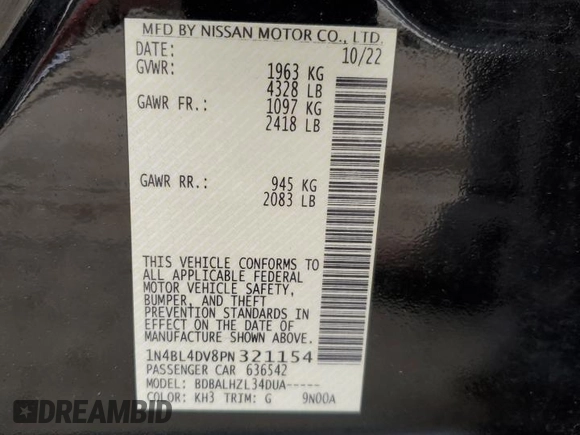 2023 Nissan Altima 2.5 SV with VIN 1N4BL4DV8PN321154, listed as a Copart auction lot 51324095 with 0 mi miles and Non Repairable. Bid and sale history available at carsss.com. Image 12.