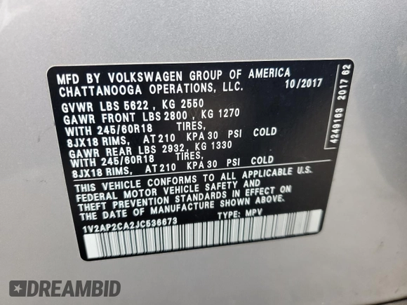 2018 Volkswagen Atlas S with VIN 1V2AP2CA2JC536673, listed as a Copart auction lot 49325125 with 134,248 mi miles and Clean title. Bid and sale history available at DreamBid. Image 13.