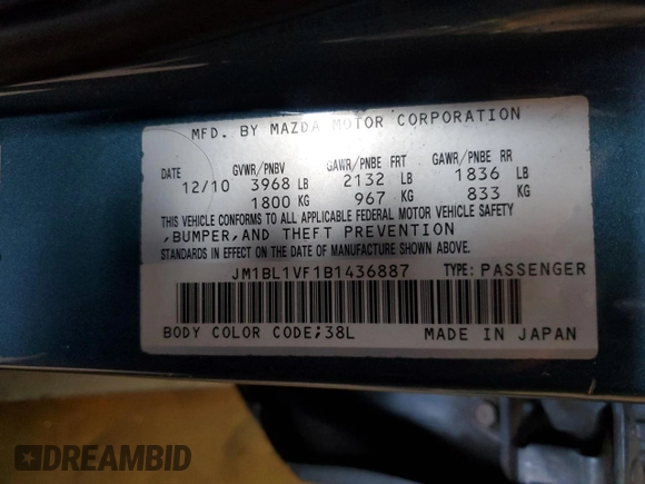 2011 Mazda 3 i Touring z VIN JM1BL1VF1B1436887, wystawiony jako Copart lot #45848185 z przebiegiem Nie podano mil oraz Szkoda całkowita • Salvage title. Historia ofert i sprzedaży dostępna na DreamBid. Obrazek 12.