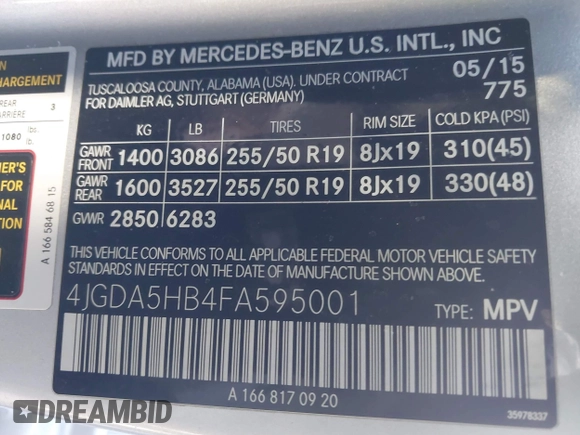 2015 Mercedes-Benz M 350 with VIN 4JGDA5HB4FA595001, listed as a IAAI auction lot 40765975 with Not provided miles and . Bid and sale history available at DreamBid. Image 9.