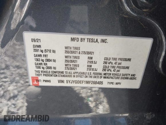 2021 Tesla Model Y Performance with VIN 5YJYGDEF1MF268405, listed as a IAAI auction lot 41818331 with 43,621 mi miles and . Bid and sale history available at DreamBid. Image 9.