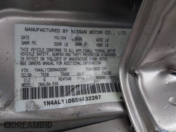 2005 Nissan Altima S z VIN 1N4AL11D85N432287, wystawiony jako IAAI lot #42460909 z przebiegiem 135 568 mil mil oraz . Historia ofert i sprzedaży dostępna na DreamBid. Obrazek 9.