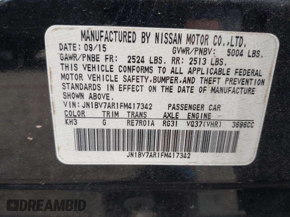 2015 Infiniti Q50 Premium with VIN JN1BV7AR1FM417342, listed as a IAAI auction lot 41887007 with 116,026 mi miles. Bid and sale history available at carsss.com. Image 9.