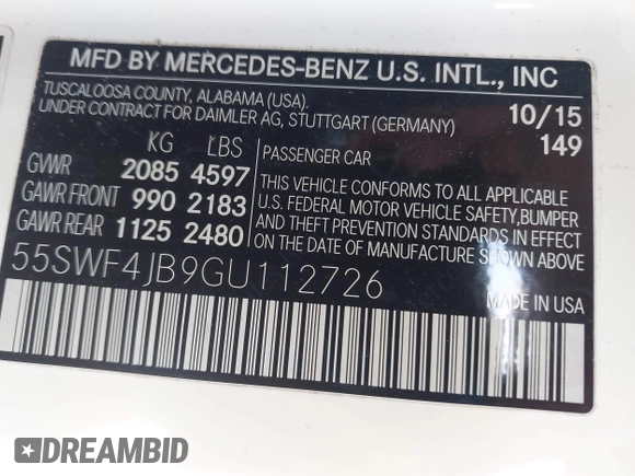 2016 Mercedes-Benz C 300 with VIN 55SWF4JB9GU112726, listed as a IAAI auction lot 41975091 with 110,343 mi miles and . Bid and sale history available at carsss.com. Image 9.