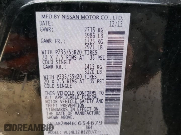 2014 Nissan Pathfinder S with VIN 5N1AR2MM4EC654679, listed as a Copart auction lot 45000635 with 134,569 mi miles and Salvage title. Bid and sale history available at DreamBid. Image 13.