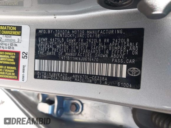 2018 Toyota Camry LE z VIN 4T1B11HK4JU616470, wystawiony jako IAAI lot #41352888 z przebiegiem 102 109 mil mil oraz . Historia ofert i sprzedaży dostępna na DreamBid. Obrazek 9.