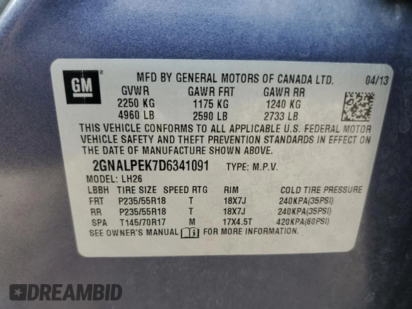2013 Chevrolet Equinox LT z VIN 2GNALPEK7D6341091, wystawiony jako Copart lot #56334935 z przebiegiem 125 277 mil mil oraz Szkoda całkowita • Salvage title. Historia ofert i sprzedaży dostępna na DreamBid. Obrazek 13.