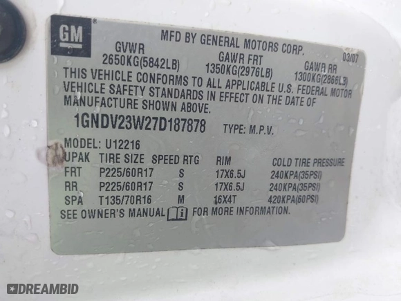 2007 Chevrolet Uplander LS Fleet with VIN 1GNDV23W27D187878, listed as a IAAI auction lot 41907218 with 215,697 mi miles. Bid and sale history available at carsss.com. Image 9.