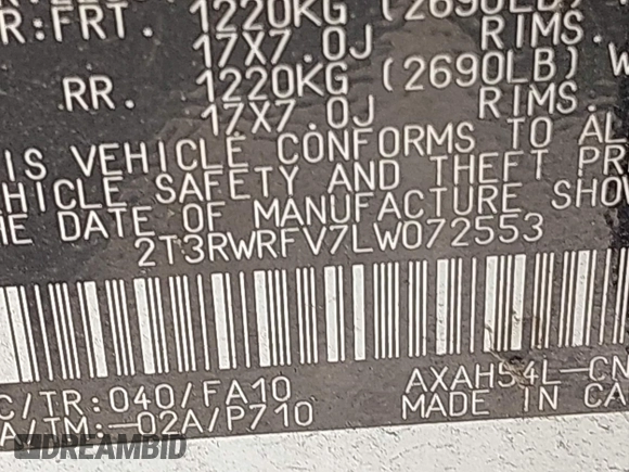 2020 Toyota RAV4 Hybrid XLE z VIN 2T3RWRFV7LW072553, wystawiony jako IAAI lot #42197281 z przebiegiem 166 115 mil mil oraz . Historia ofert i sprzedaży dostępna na DreamBid. Obrazek 9.