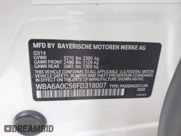 2015 BMW 6 Series 640i with VIN WBA6A0C56FD318007, listed as a IAAI auction lot 42041430 with 78,281 mi miles. Bid and sale history available at carsss.com. Image 9.