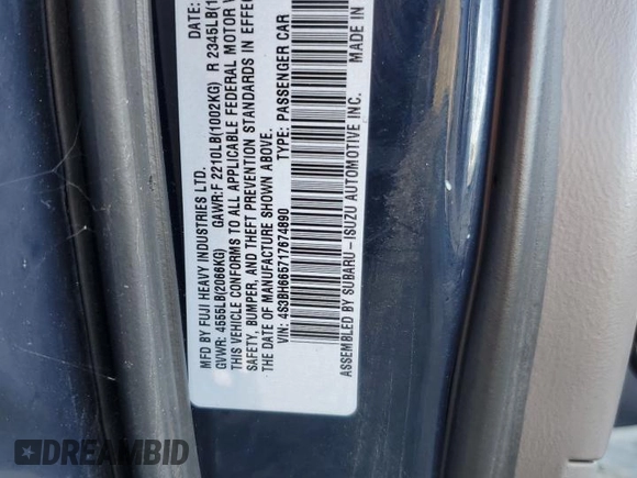 2001 Subaru Legacy Outback with VIN 4S3BH665717674890, listed as a Copart auction lot 41437595 with 267,990 mi miles and Clean title. Bid and sale history available at DreamBid. Image 12.
