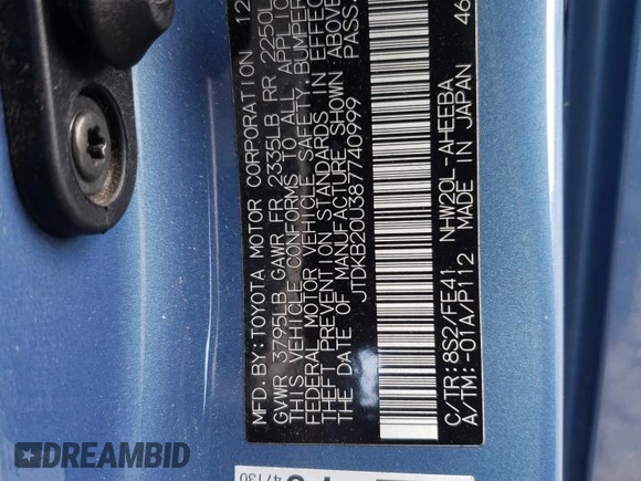 2008 Toyota Prius with VIN JTDKB20U387740999, listed as a Copart auction lot 54858365 with 139,663 mi miles and Salvage Title. Bid and sale history available at DreamBid. Image 12.