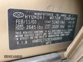 2003 Hyundai Santa Fe GLS with VIN KM8SC73D83U468641, listed as a Copart auction lot 79870004 with 145,042 mi miles and Non Repairable. Bid and sale history available at carsss.com. Image 12.
