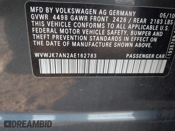 2010 Volkswagen Passat Komfort with VIN WVWJK7AN2AE162783, listed as a IAAI auction lot 42121999 with Not provided miles and . Bid and sale history available at DreamBid. Image 9.