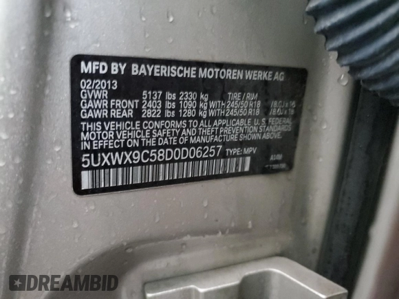 2013 BMW X3 xDrive28i with VIN 5UXWX9C58D0D06257, listed as a Copart auction lot 78524724 with 125,164 mi miles and Salvage Title. Bid and sale history available at carsss.com. Image 13.