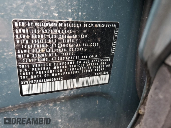 2020 Volkswagen Tiguan SE with VIN 3VV2B7AX4LM005342, listed as a Copart auction lot 52052615 with 35,787 mi miles and Salvage Title. Bid and sale history available at DreamBid. Image 14.