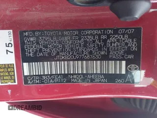 2007 Toyota Prius z VIN JTDKB20U977687630, wystawiony jako IAAI lot #41939185 z przebiegiem 392 988 mil mil oraz . Historia ofert i sprzedaży dostępna na DreamBid. Obrazek 9.