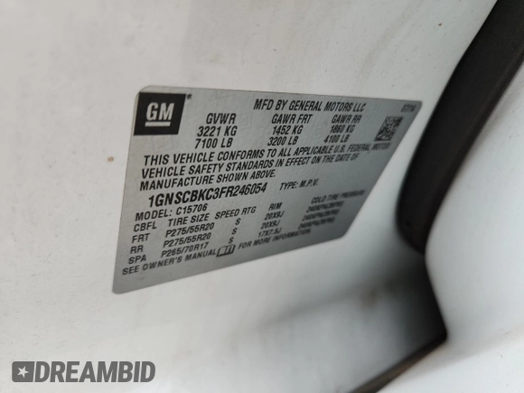 2015 Chevrolet Tahoe LT with VIN 1GNSCBKC3FR246054, listed as a Copart auction lot 63114675 with 190,032 mi miles and Clean title. Bid and sale history available at DreamBid. Image 13.