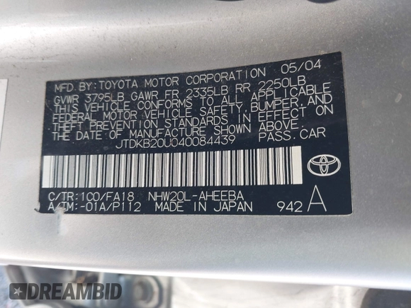 2004 Toyota Prius with VIN JTDKB20U040084439, listed as a IAAI auction lot 42180219 with Not Provided miles and . Bid and sale history available at DreamBid. Image 9.