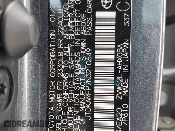 2022 Toyota Prius LE z VIN JTDKAMFP7N3210649, wystawiony jako Copart lot #55572175 z przebiegiem 40 565 mil mil oraz Szkoda całkowita • Salvage title. Historia ofert i sprzedaży dostępna na DreamBid. Obrazek 12.