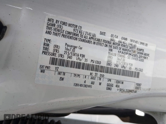 2014 Ford Focus SE with VIN 1FADP3K22EL251661, listed as a IAAI auction lot 41905464 with 96,079 mi miles. Bid and sale history available at carsss.com. Image 9.