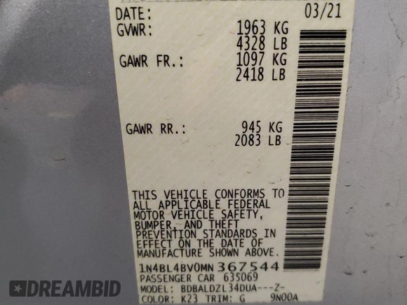2021 Nissan Altima 2.5 S with VIN 1N4BL4BV0MN367544, listed as a Copart auction lot 48884485 with 136,173 mi miles and Salvage Title. Bid and sale history available at carsss.com. Image 12.