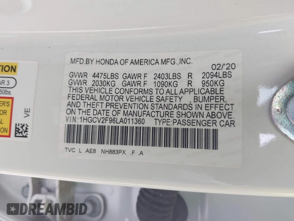 2020 Honda Accord Touring with VIN 1HGCV2F96LA011360, listed as a IAAI auction lot 41192112 with 64,643 mi miles and . Bid and sale history available at DreamBid. Image 9.